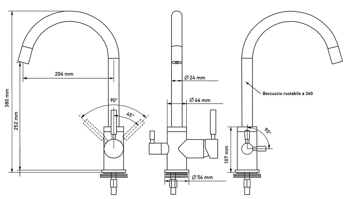 PI® Drei Wege Armatur Modell 4106 - technische Zeichnung mit Größenangabe IT